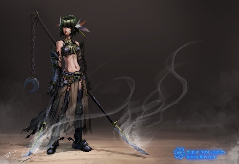 Female Warrior with Weapon — Black, Dramatic, Digital Art, Chain, Smoke