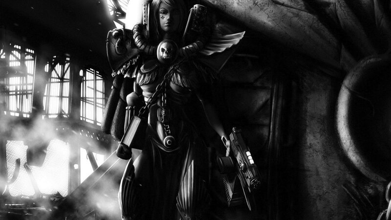 Female Warrior with Weapon — Black, Dramatic, Digital Art, Skull Emblem