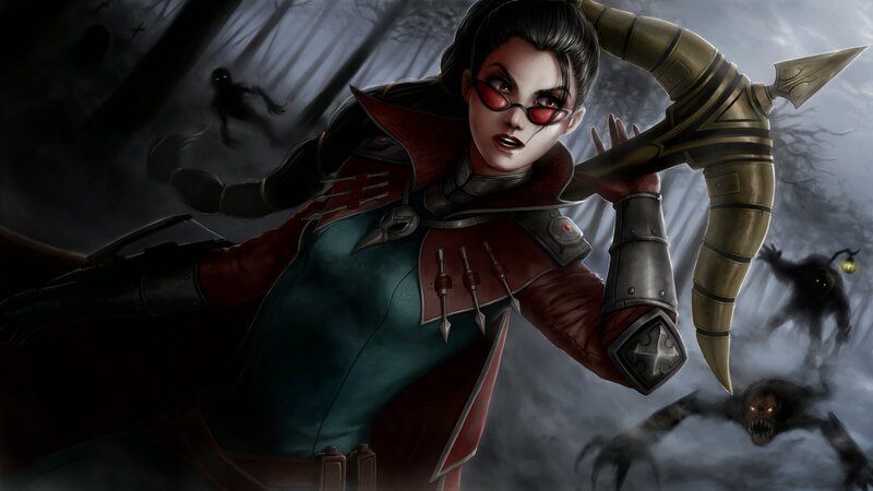 Female Warrior with Weapon — Black, Dramatic, Night