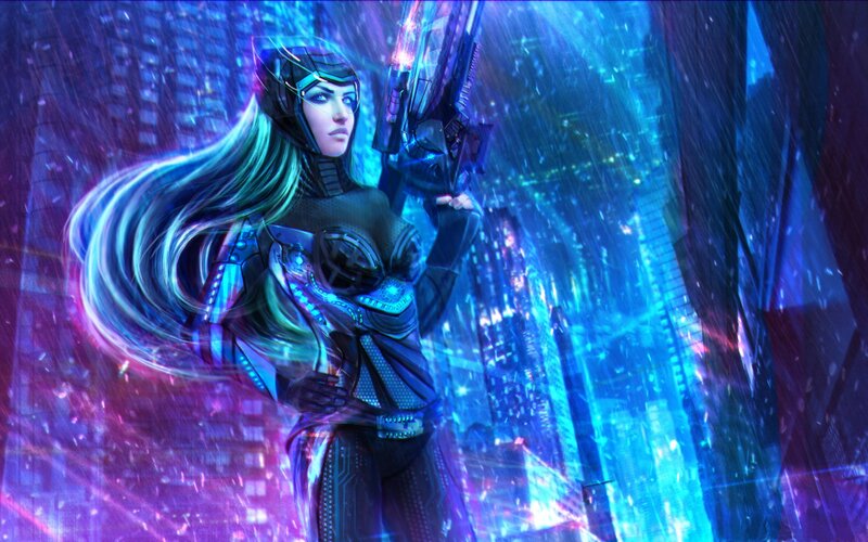 Female Warrior with Weapon — Blue, Dramatic, Night, Digital Art, Cityscape
