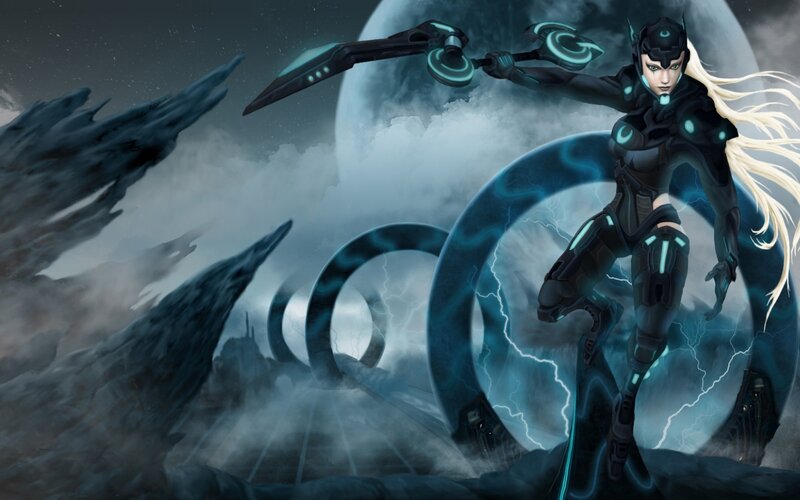 Female Warrior with Weapon — Blue, Dramatic, Night, Digital Art, Moon
