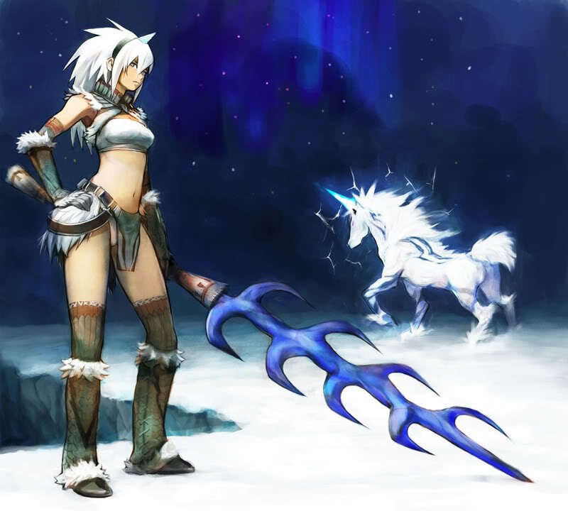 Female Warrior with Weapon — Blue, Dramatic, Night