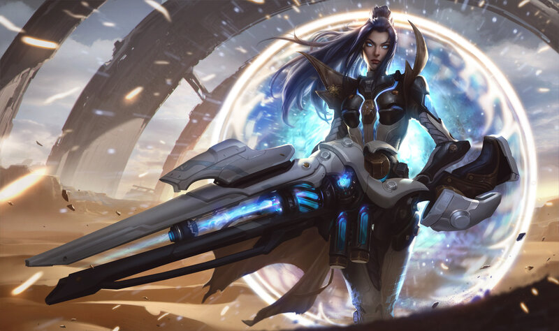 Female Warrior with Weapon — Blue, Dramatic, Sunset, Digital Art, Energy Shield