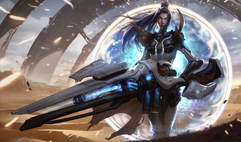 Female Warrior with Weapon — Blue, Dramatic, Sunset
