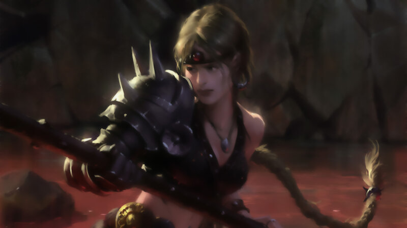 Female Warrior with Weapon — Brown, Dramatic, Digital Art