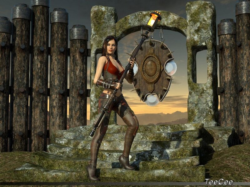Female Warrior with Weapon — Brown, Dramatic, Sunset