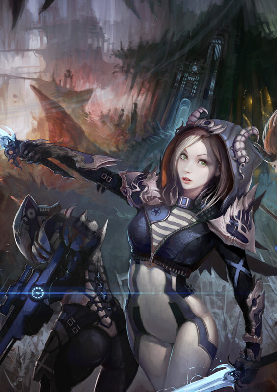 Female Warrior with Weapon — Gray, Dramatic, Digital Art