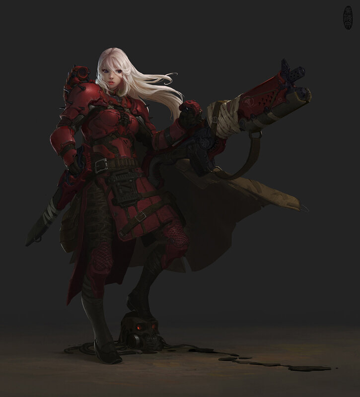 Female Warrior with Weapon — Red, Dramatic, Digital Art, Gun