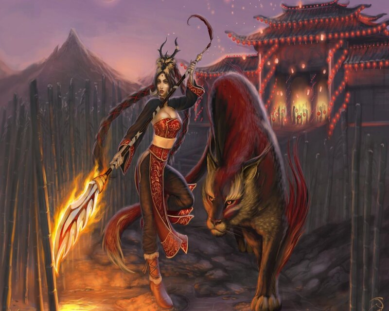 Female Warrior with Weapon — Red, Dramatic, Sunset, Digital Art