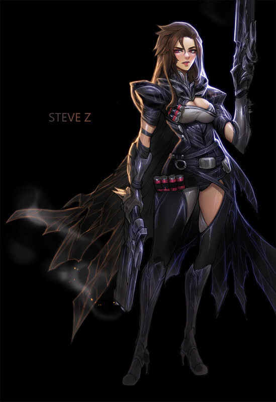Female Warrior with Weapons — Black, Dramatic, Night, Digital Art