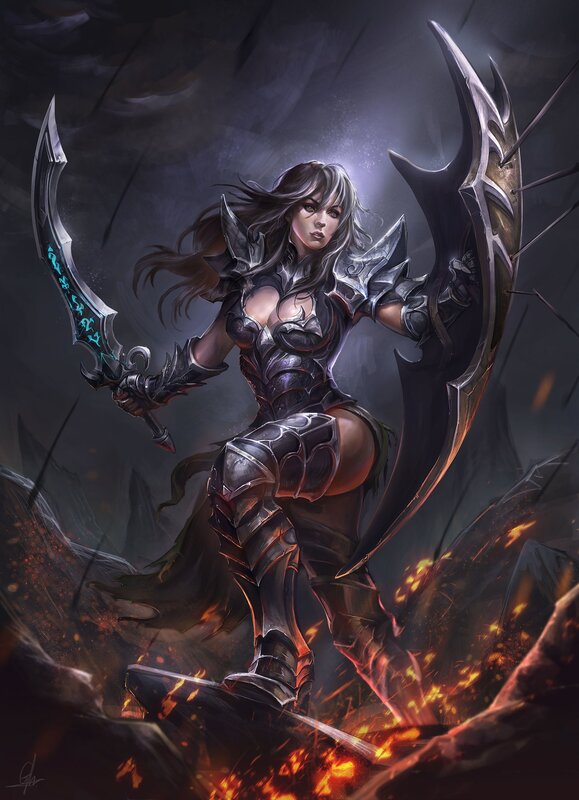 Female Warrior with Weapons — Black, Dramatic, Night