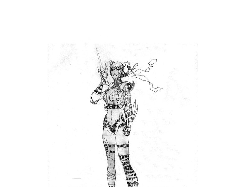 Female Warrior with Weapons — Black, Dramatic