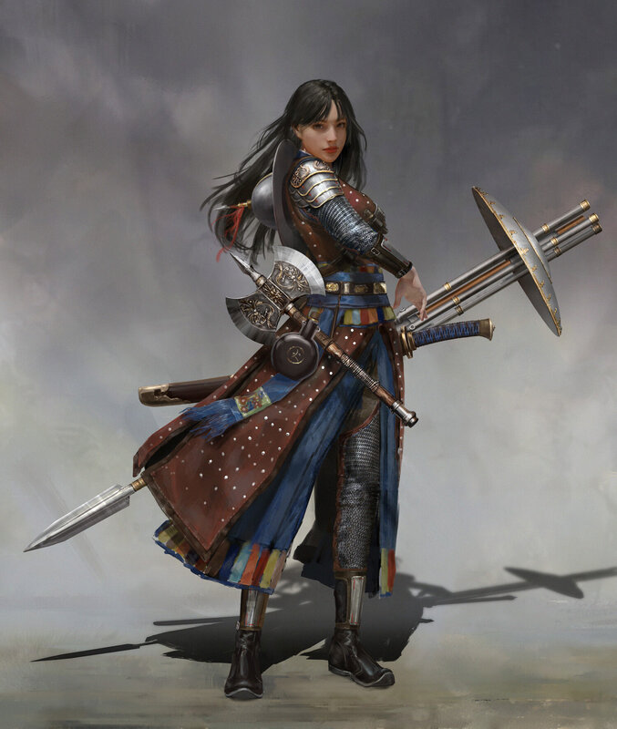 Female Warrior with Weapons — Brown, Dramatic, Digital Art, Axe