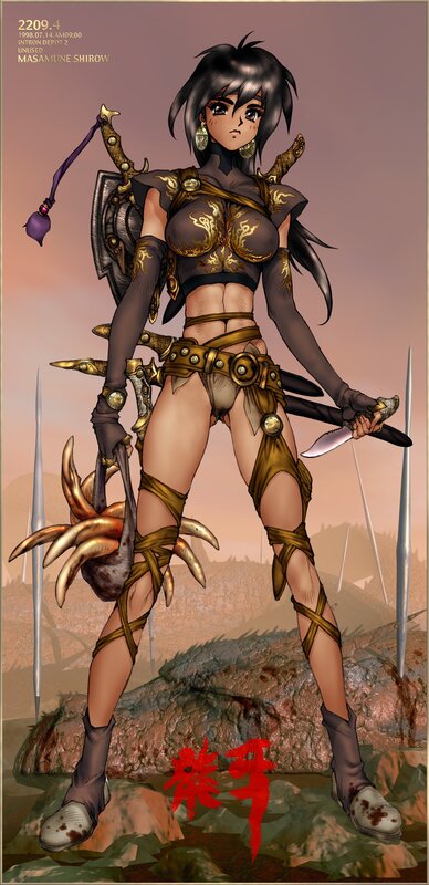 Female Warrior with Weapons — Brown, Dramatic, Sunset