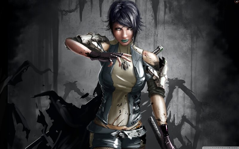 Female Warrior with Weapons — Gray