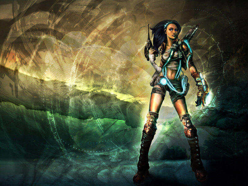Female Warrior with Weapons — Green, Dramatic, Digital Art, Cybernetic Gear, Glowing Lights