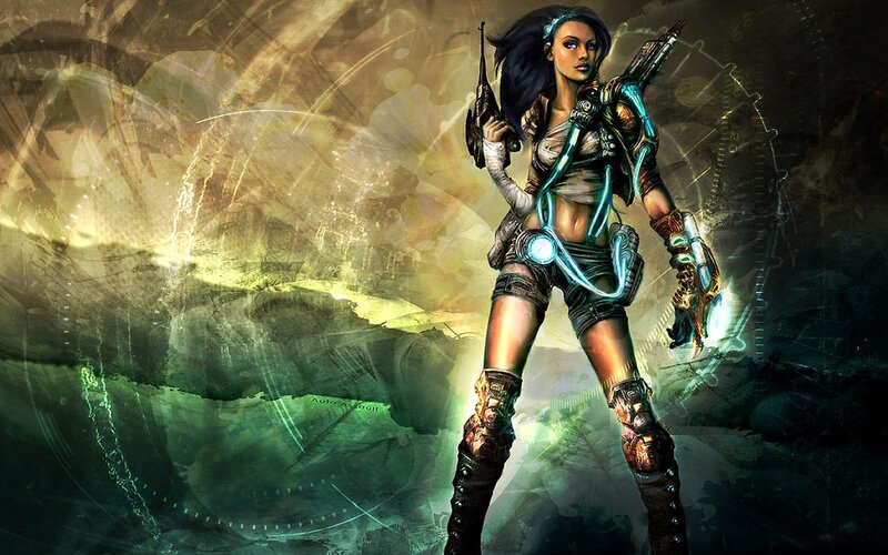 Female Warrior with Weapons — Green, Dramatic