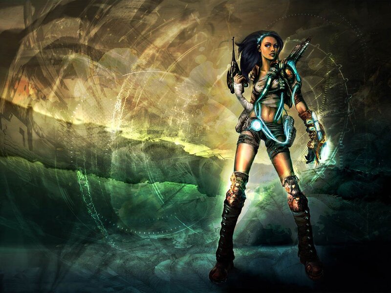 Female Warrior with Weapons — Green