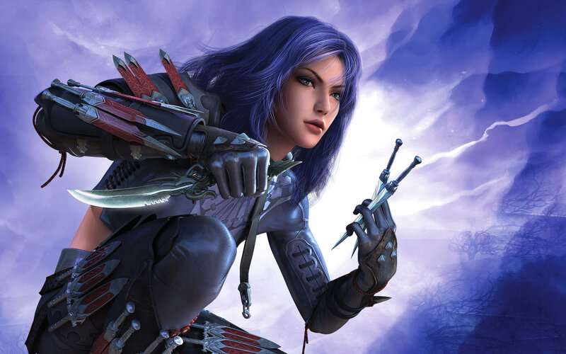 Female Warrior with Weapons — Purple, Dramatic