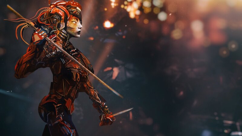 Female Warrior with Weapons — Red
