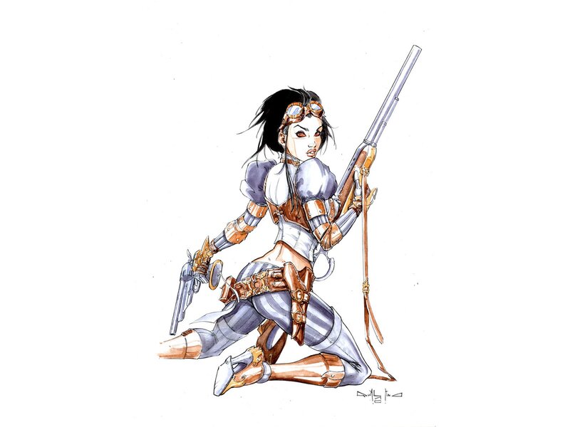 Female Warrior with Weapons — White, Determined