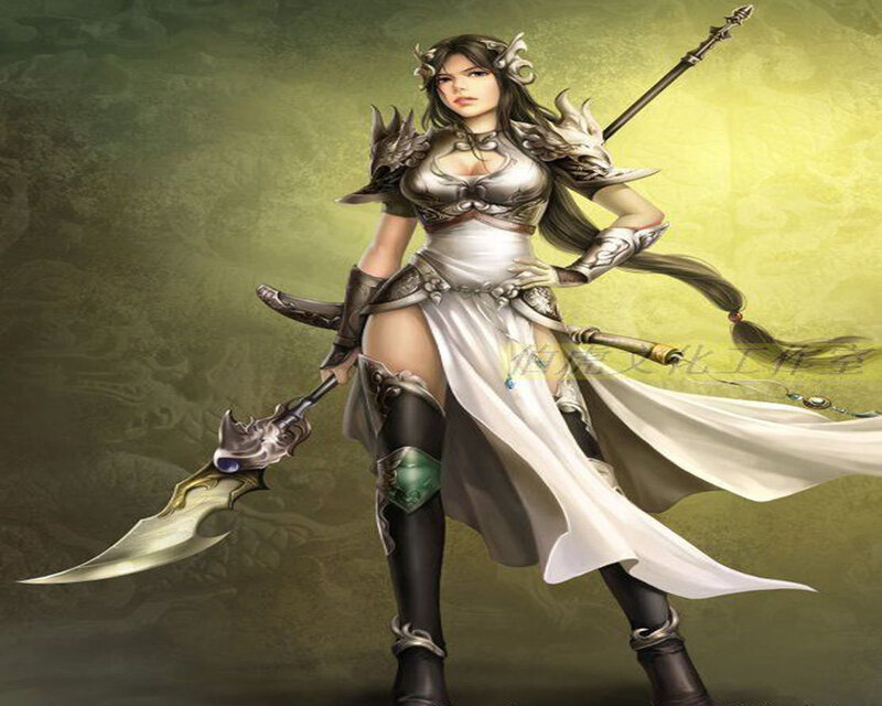 Female Warrior with Weapons — White, Dramatic