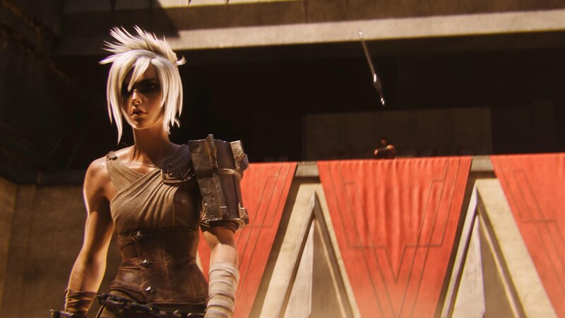 Female Warrior with White Hair — Brown, Dramatic, Afternoon, 3d Render, Red Banners
