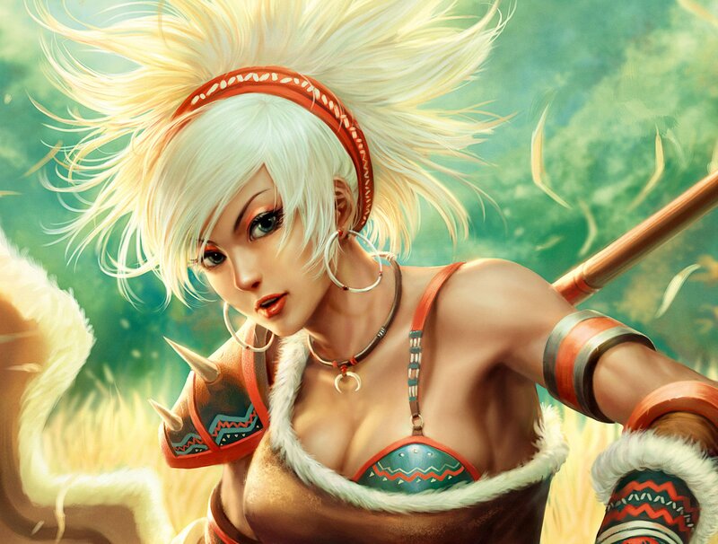 Female Warrior with White Hair — Green, Dramatic, Digital Art, Spear, Fur Trim