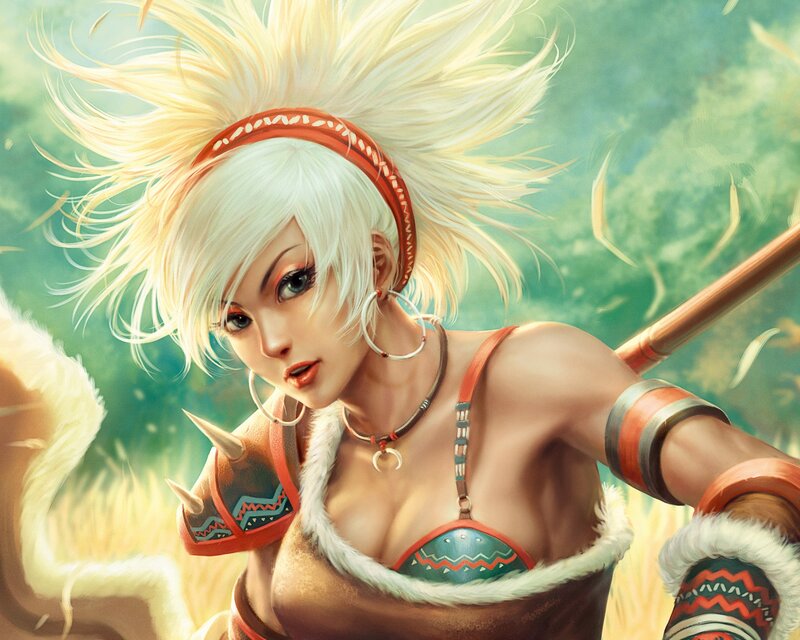 Female Warrior with White Hair — Green, Dramatic