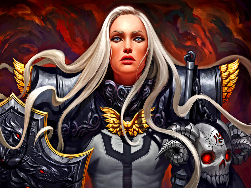 Female Warrior with White Hair — Red, Dramatic