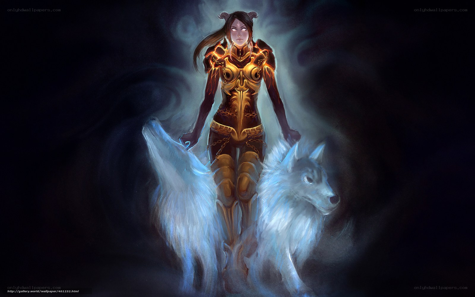 female warrior with white wolves