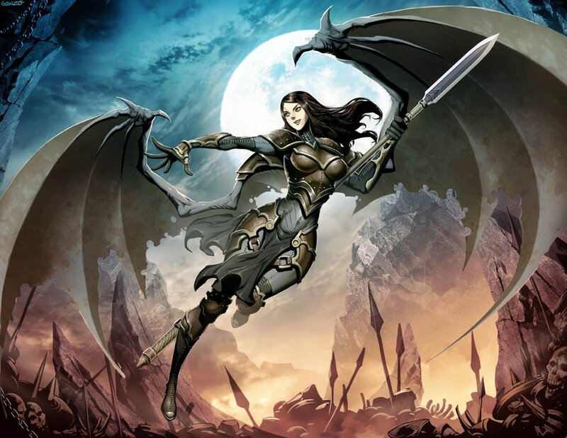 female warrior with wings and scythe