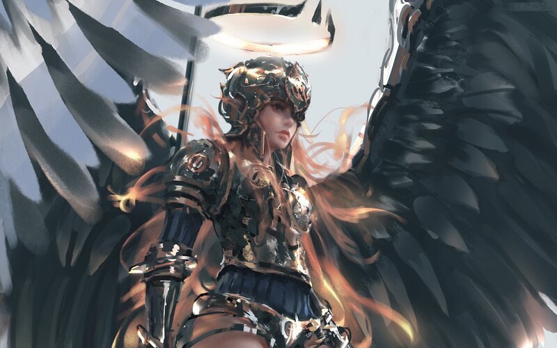 Female Warrior with Wings — Black, Dramatic, Digital Art, Armor