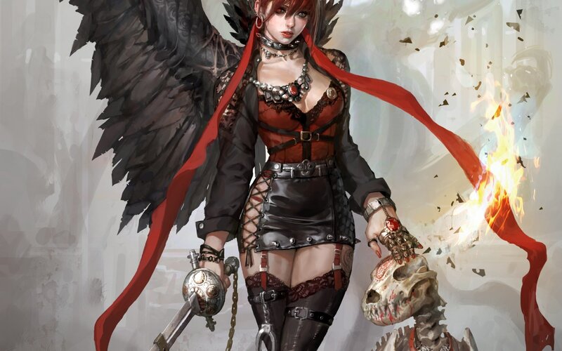 Female Warrior with Wings — Black, Dramatic, Digital Art, Skull