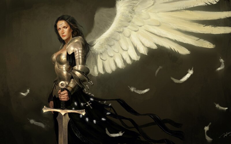 Female Warrior with Wings — Black, Dramatic, Digital Art, Sword