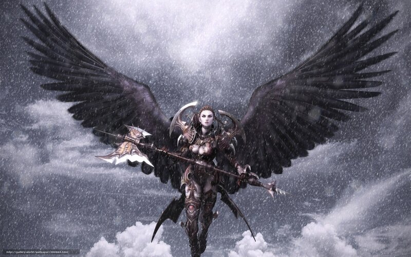 Female Warrior with Wings — Black, Dramatic, Digital Art, Weapon, Armor