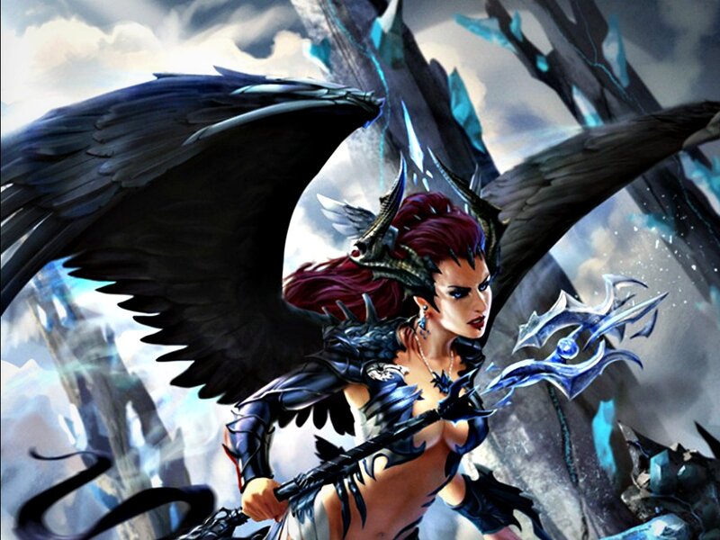 Female Warrior with Wings — Black, Dramatic, Digital Art, Weapon