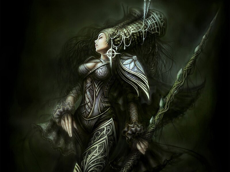 Female Warrior with Wings — Black, Dramatic, Night, Digital Art, Armor