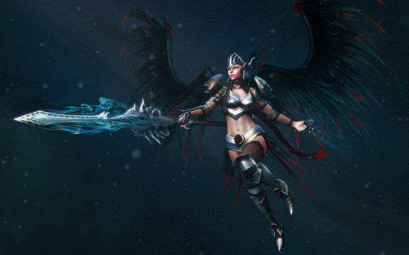 Female Warrior with Wings — Black, Dramatic, Night, Digital Art, Sword