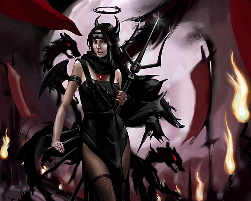 Female Warrior with Wings — Black, Dramatic, Night