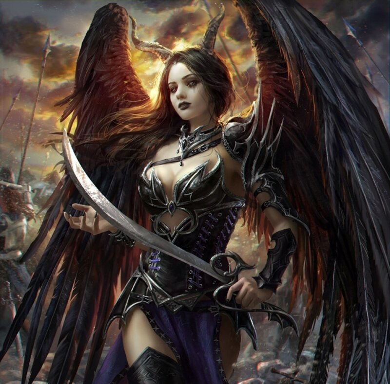 Female Warrior with Wings — Black, Dramatic, Sunset, Digital Art