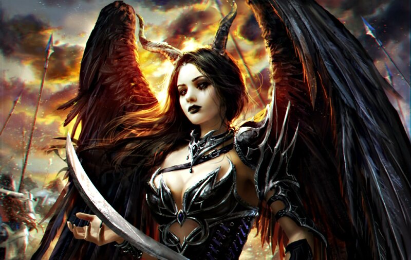Female Warrior with Wings — Black, Dramatic, Sunset