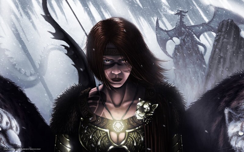 Female Warrior with Wings — Black, Dramatic, Winter