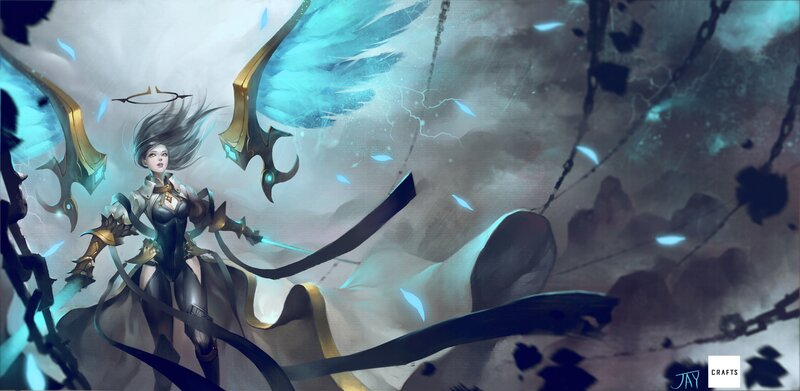 Female Warrior with Wings — Blue, Dramatic, Digital Art, Chains
