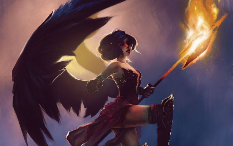 Female Warrior with Wings — Blue, Dramatic, Digital Art, Flame