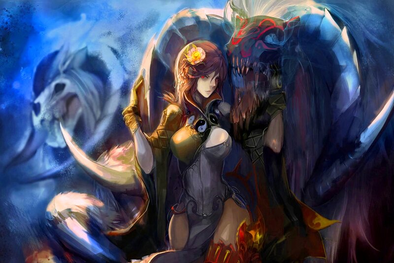 Female Warrior with Wings — Blue, Dramatic, Digital Art, Flower