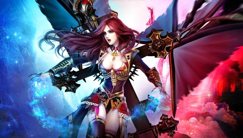 Female Warrior with Wings — Blue, Dramatic, Digital Art, Sword, Magic