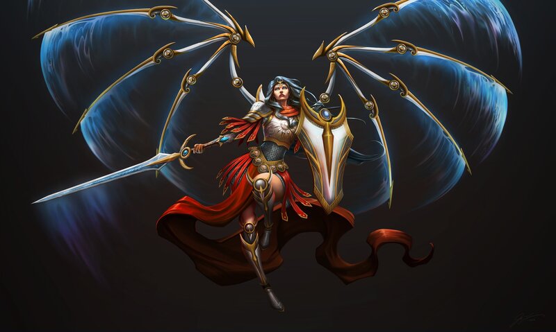 Female Warrior with Wings — Blue, Dramatic, Digital Art, Sword, Shield