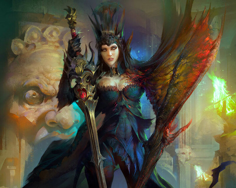 Female Warrior with Wings — Blue, Dramatic, Digital Art, Sword
