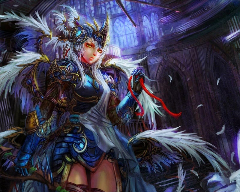 Female Warrior with Wings — Blue, Dramatic, Night, Digital Art, Armor, Feathers